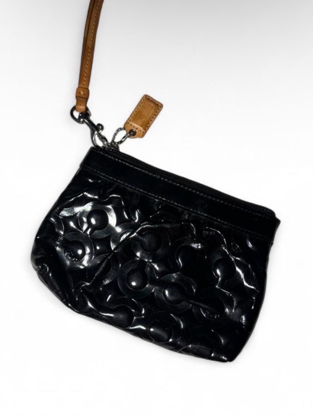 Black Coach C pattern wristlet make up pouch with brown straps🪩